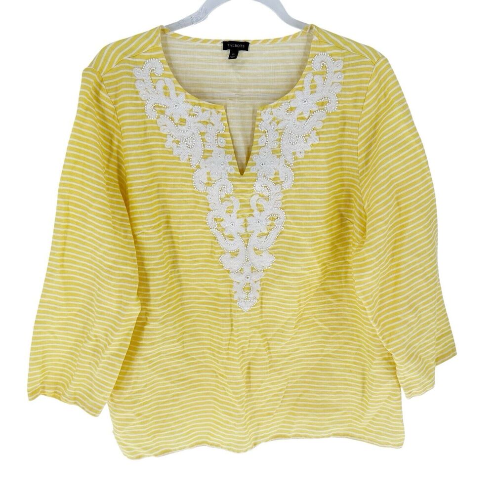 Talbots Blouse Womens XL Yellow Striped Linen Tunic Embroidered Beaded Resort
